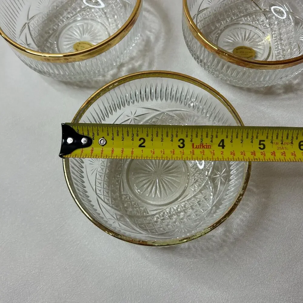 Vintage Italian Blown Crystal Dessert Bowls 24K Gold Trim - Set of 3